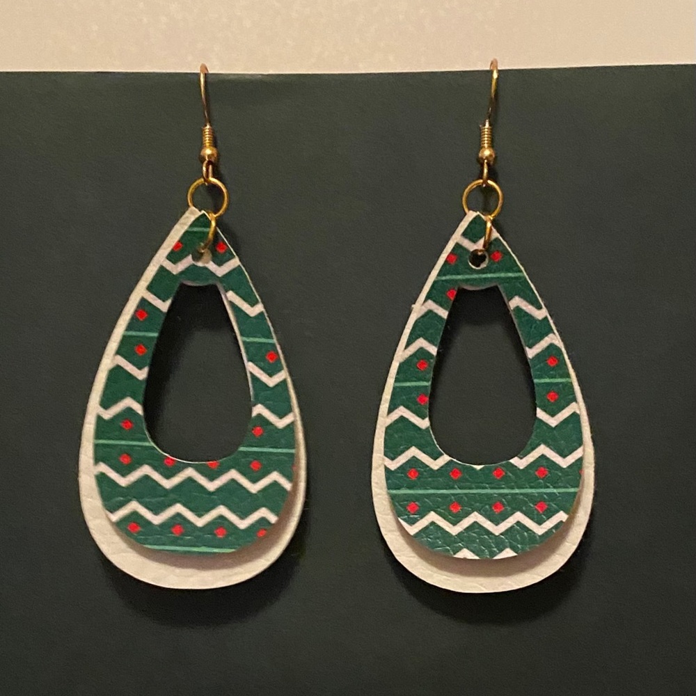 Handmade Faux Leather Earrings-White, Green, & Red